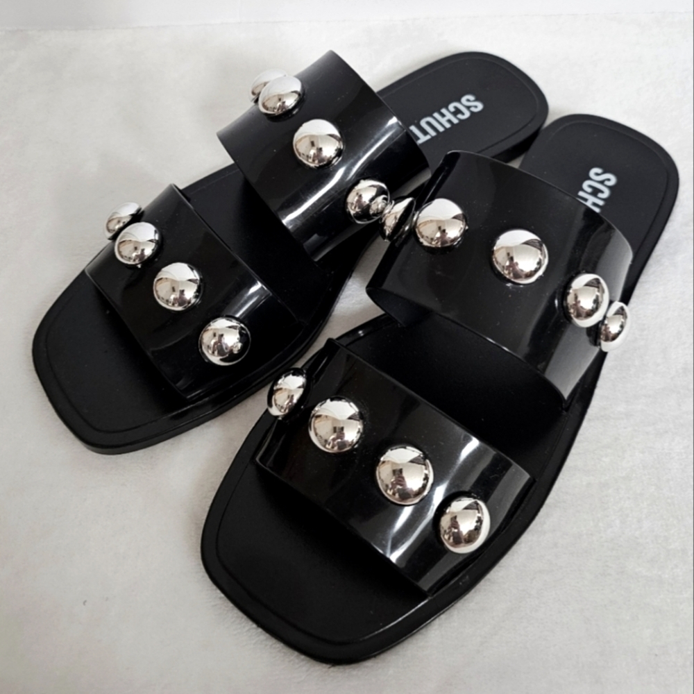 Schutz Black Silver Toned Embellished Lizzie Dual Strap Slide Sandals